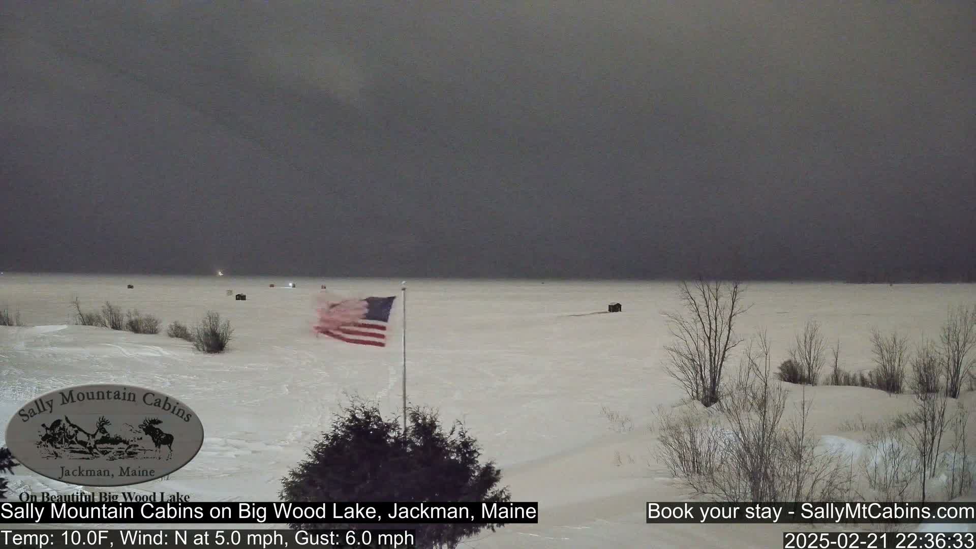 A snow-covered frozen lake is visible under a dark, overcast sky, with a small American flag waving in the foreground.