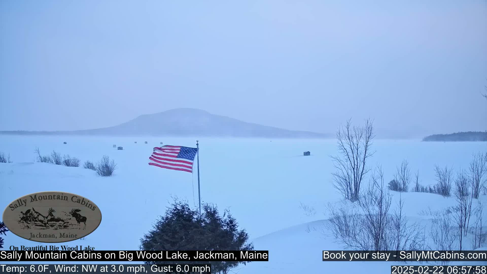 A snow-covered frozen lake stretches to a hazy mountain range under a pale, overcast sky, with a small American flag waving near a snow-dusted shoreline.