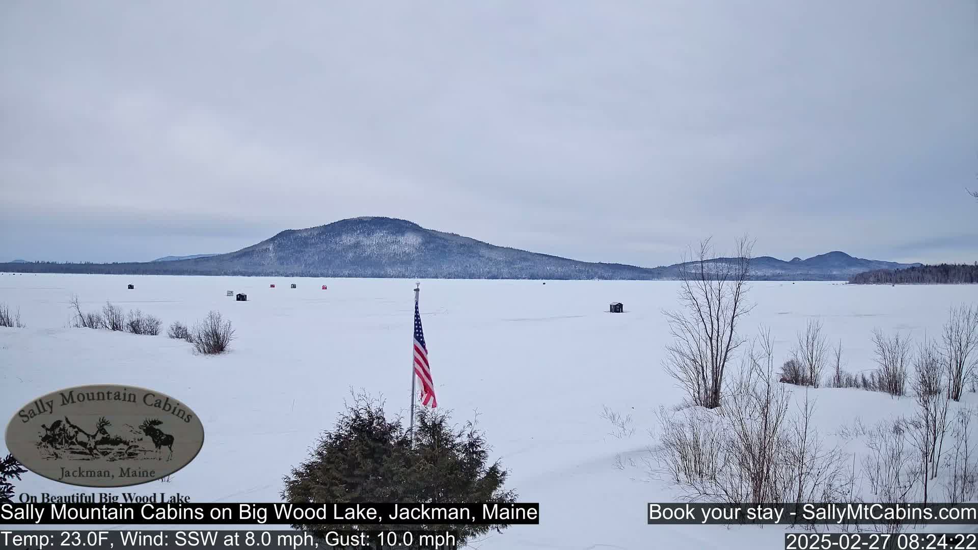 A frozen lake stretches towards a snow-covered mountain under a cloudy sky, with several small structures visible on the ice and an American flag planted near the foreground.