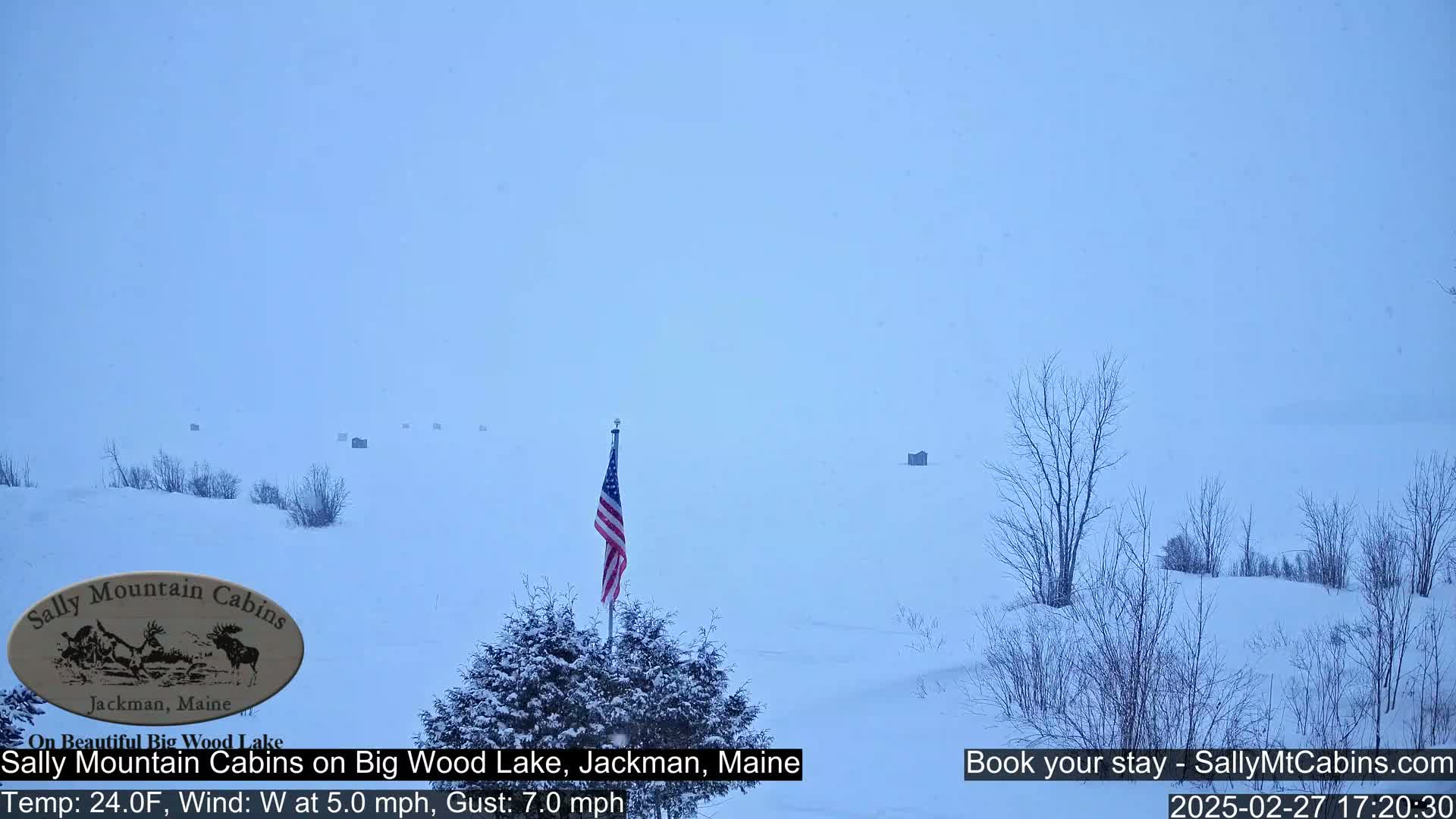 A snow-covered landscape with a few small structures visible in the distance, under a light snowfall, features an American flag planted in the foreground.