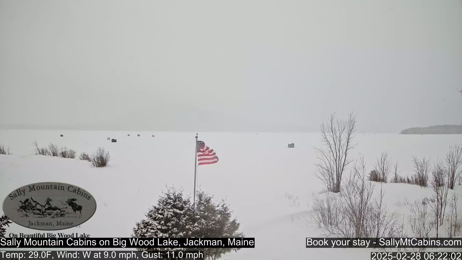 A snow-covered frozen lake with a few ice fishing shelters visible under a heavy overcast sky, and an American flag flying near the shore.