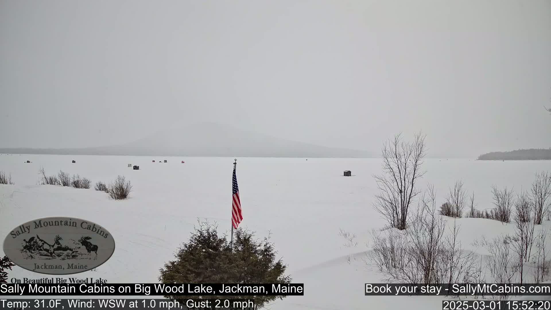 A snow-covered frozen lake stretches to a distant, hazy shoreline under a gray, overcast sky.