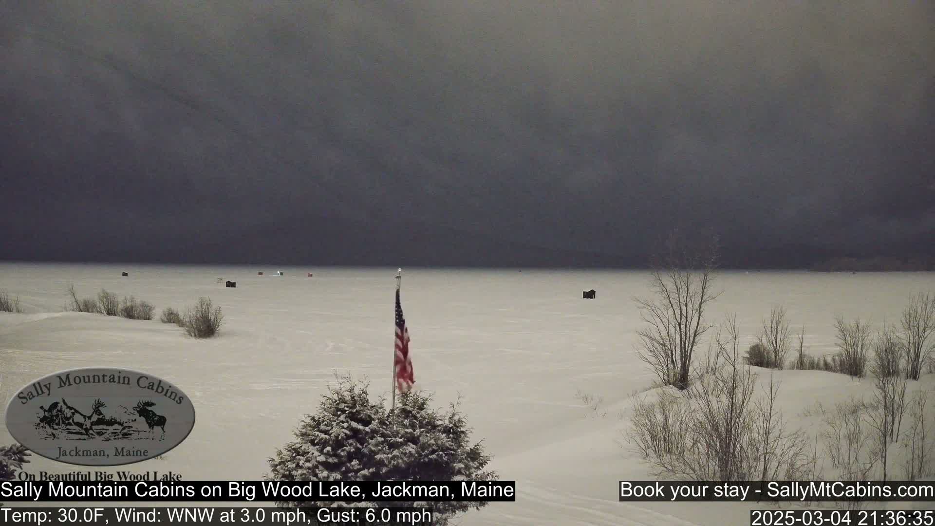 A snow-covered frozen lake is visible under a dark, overcast sky; a US flag stands on the shoreline amongst leafless bushes.