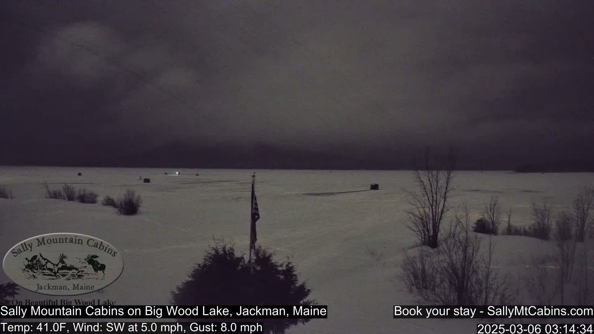 A snow-covered lake under a dark, overcast sky with a light southwest wind.