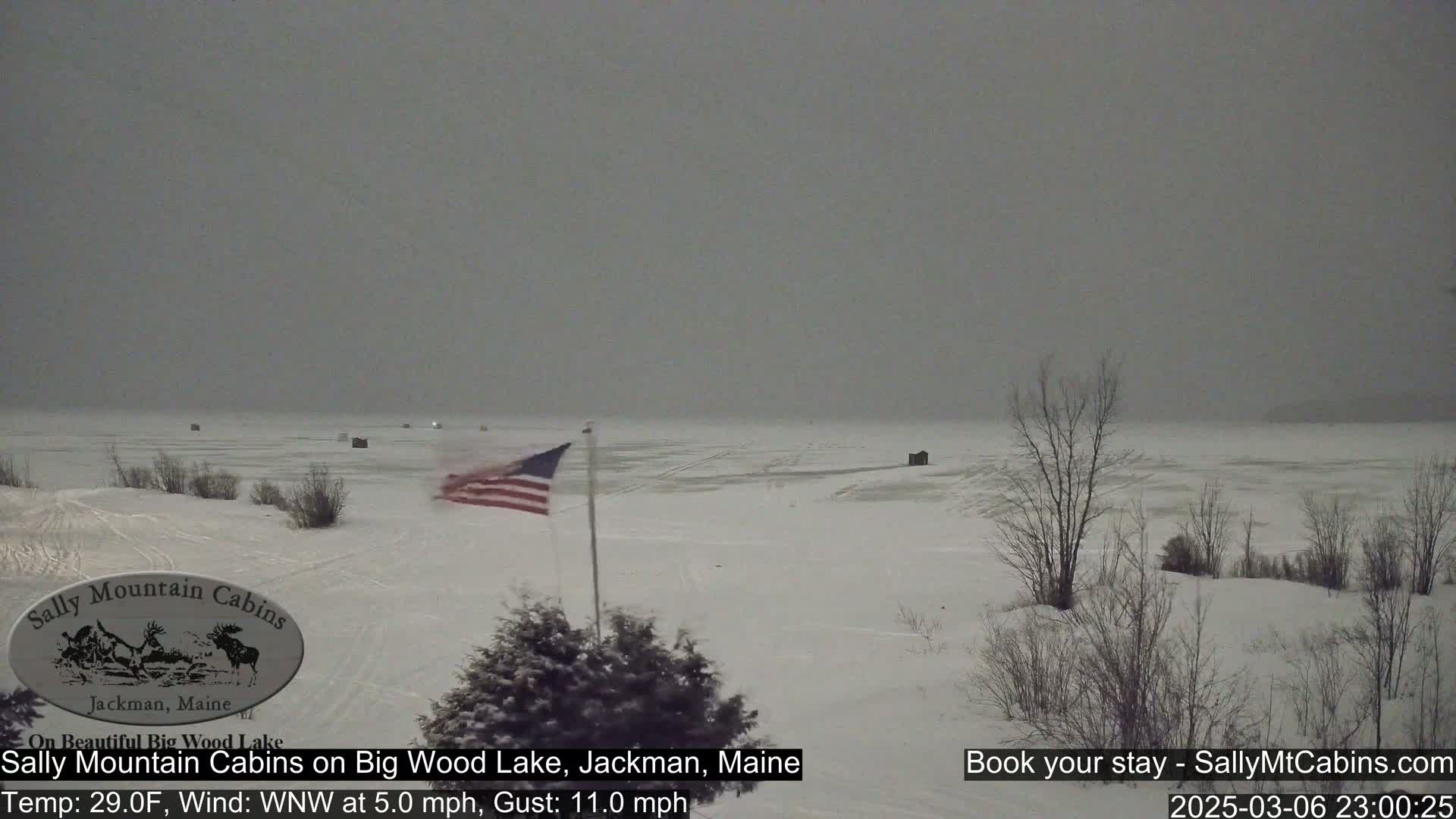 A snow-covered, frozen lake is visible under an overcast sky, with a small American flag planted in the snow near the foreground.
