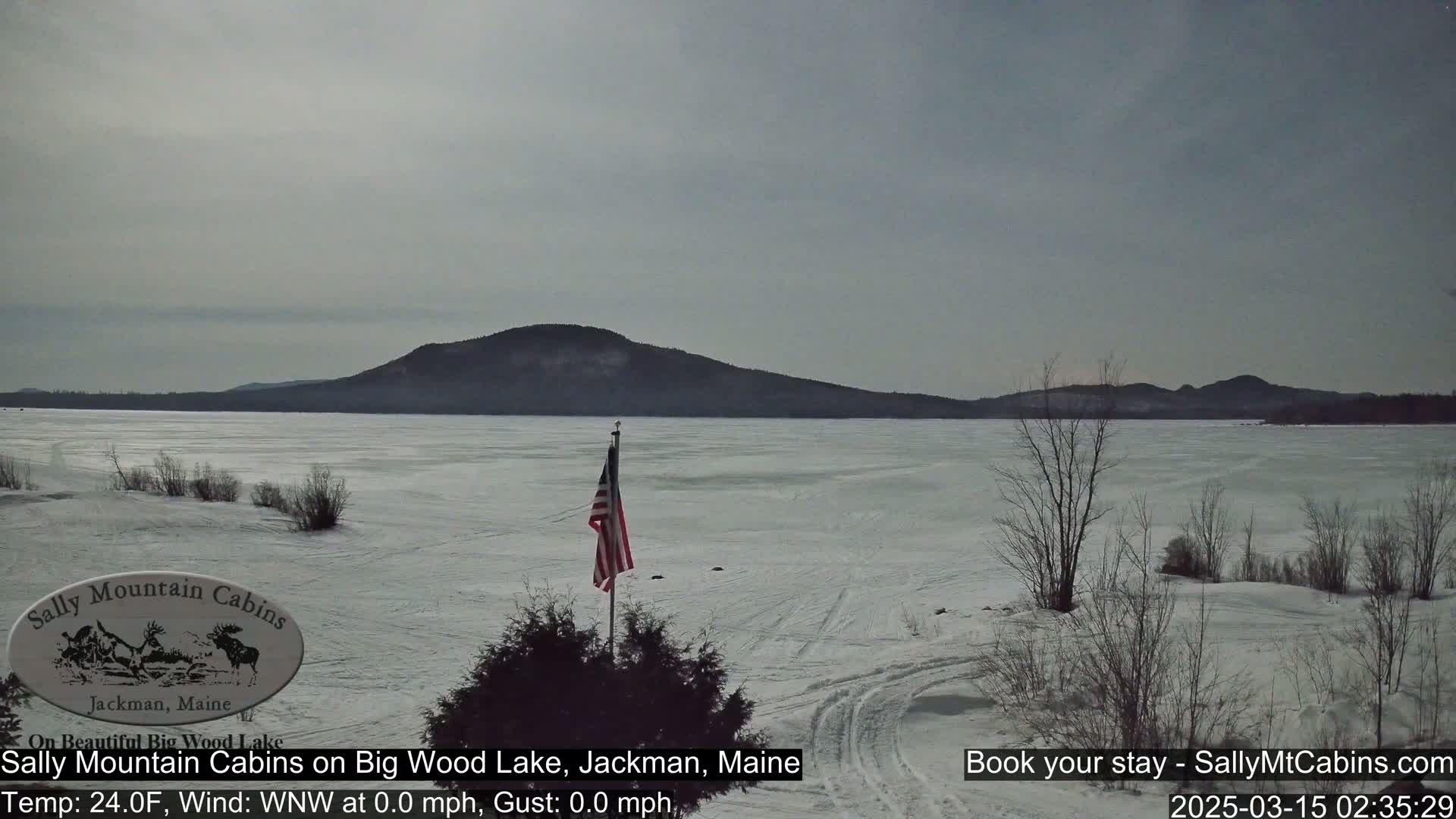 A frozen lake stretches to a distant mountain range under a gray sky.