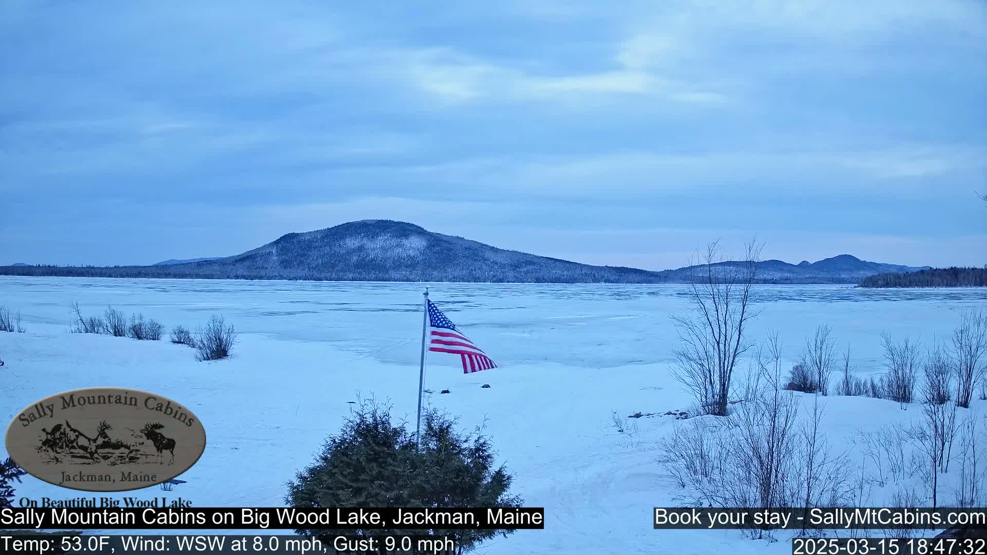 A frozen lake stretches to snow-covered mountains under a pale blue sky, with an American flag in the foreground.