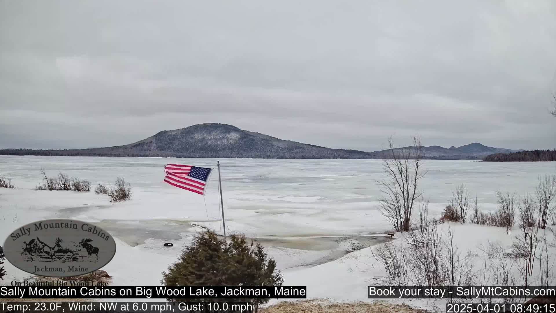 A partially frozen lake stretches out beneath a gray sky, with a snow-covered shoreline and a waving American flag in the foreground, and distant snow-covered mountains in the background.