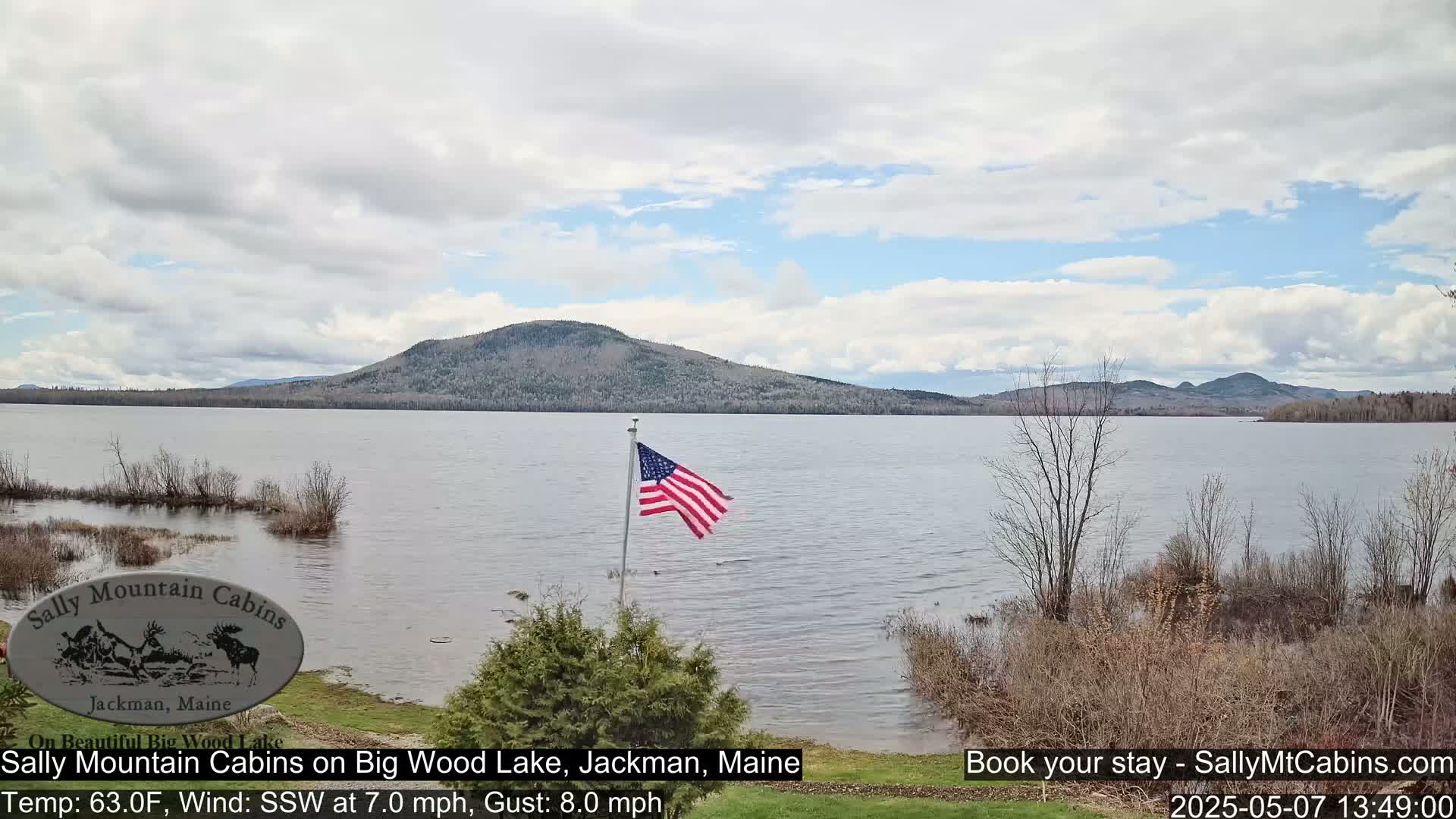 A partly cloudy day shows a calm lake with a mountain range in the background, an American flag in the foreground, and some bare trees along the shoreline.