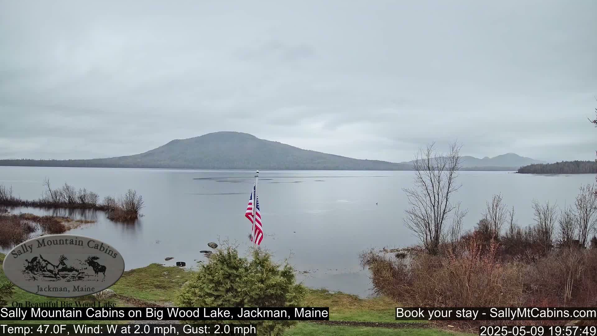 A calm, overcast day reveals a lake with a distant mountain range, an American flag, and sparse vegetation along the shoreline.
