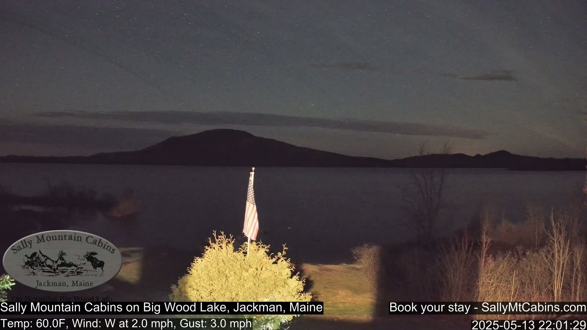 A calm, starry night overlooks a dark lake with a distant mountain range under a mostly clear sky, and an American flag stands in the foreground.