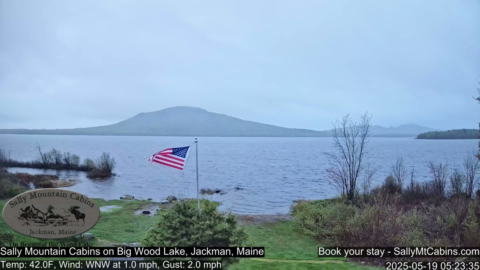 A slightly overcast view of a lake with a mountain in the background, an American flag planted on the lakeshore, and some sparse vegetation.