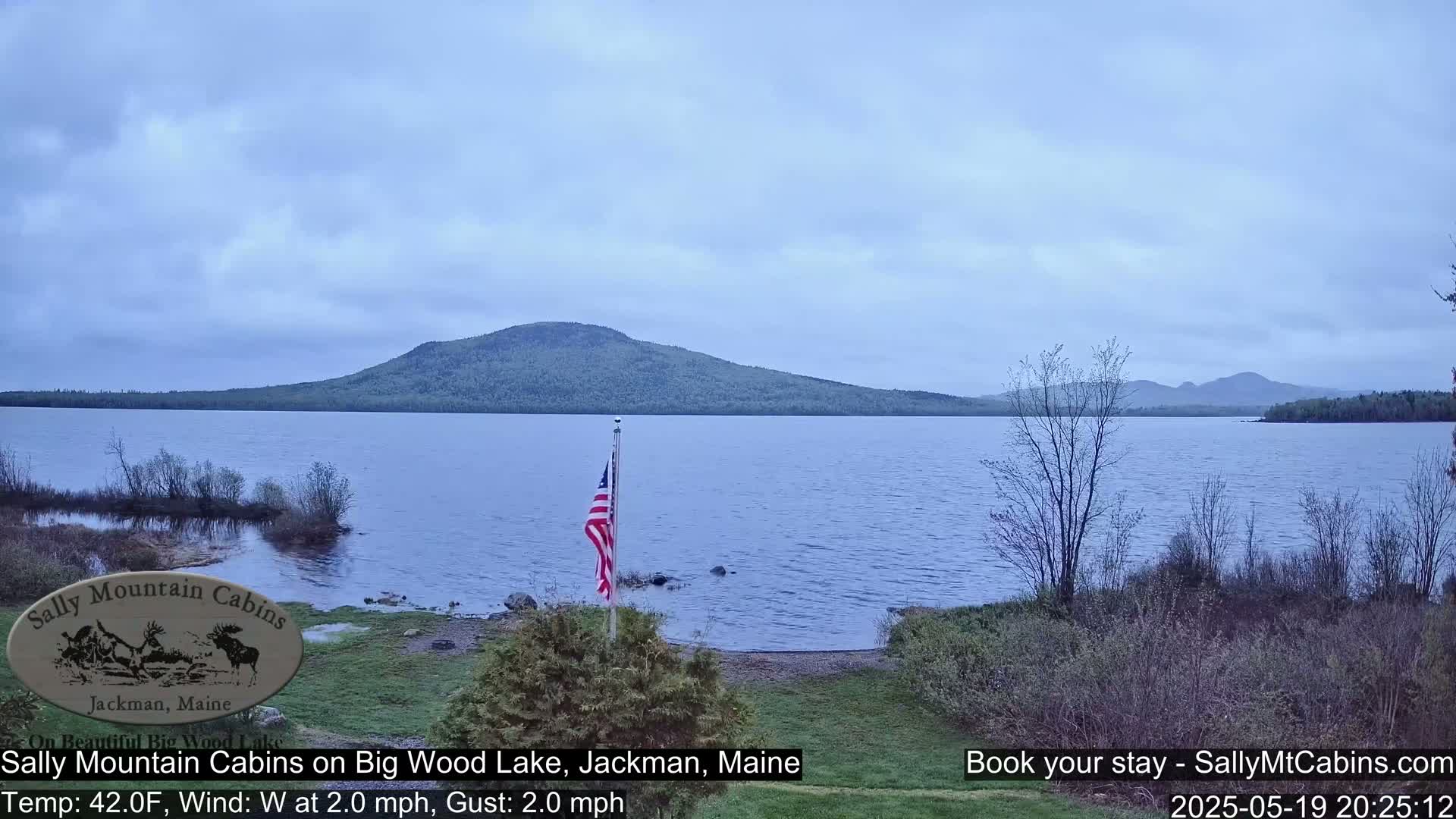 A calm lake under an overcast sky is viewed from a lakeshore, with a forested mountain in the distance and an American flag standing on the shore.