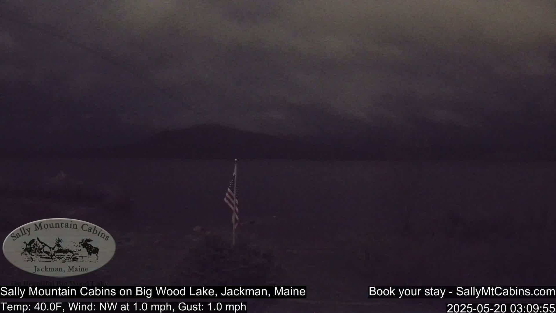 A dark, overcast sky hangs over a calm body of water with an American flag standing on the shore.