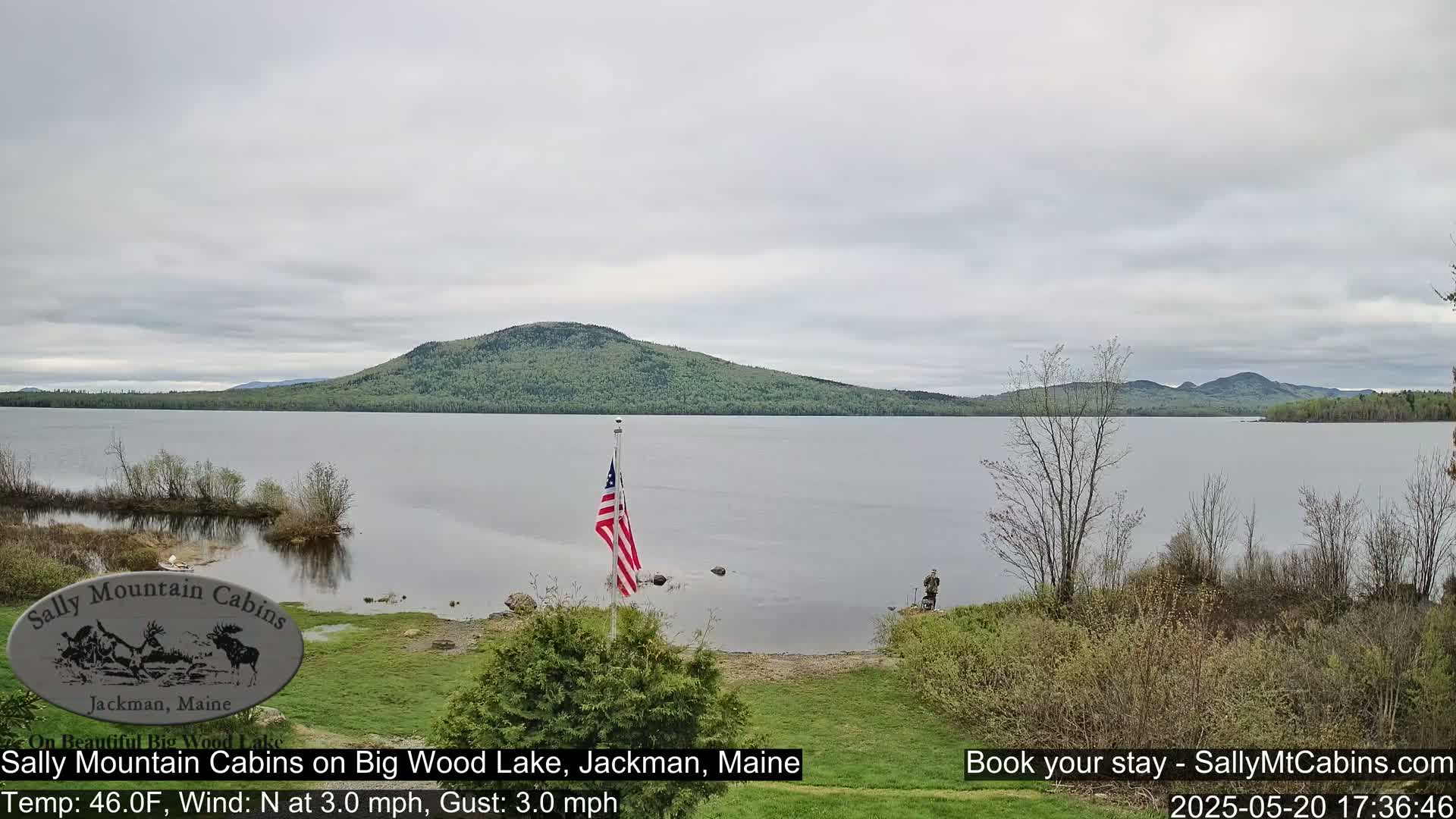 A calm lake with a gently sloping, wooded hill in the background under an overcast sky, and an American flag standing near the shoreline.