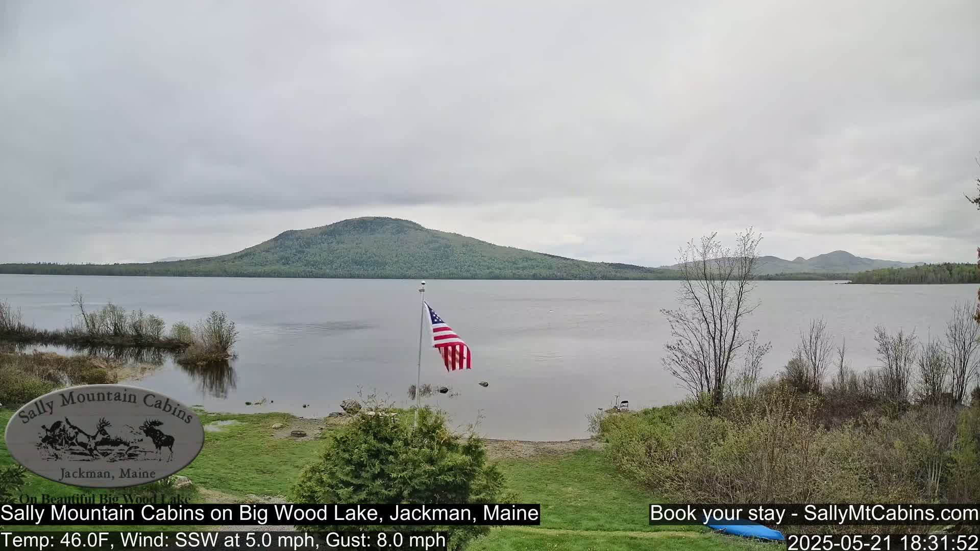 A calm lake under an overcast sky is viewed from a grassy shoreline, with a gently sloping, tree-covered hill in the background and an American flag displayed on a pole near the water's edge.