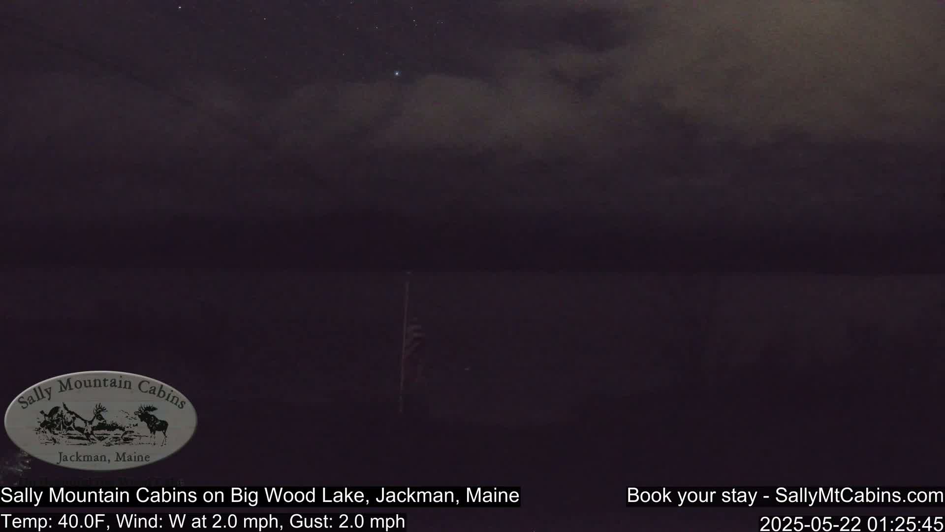 A dark, nighttime view of a calm lake under a mostly cloudy sky.