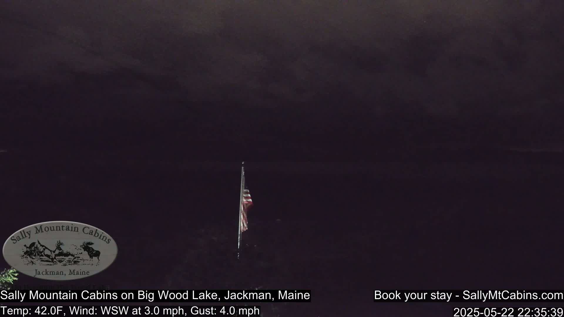 An American flag hangs from a pole near a dark body of water under a cloudy night sky.