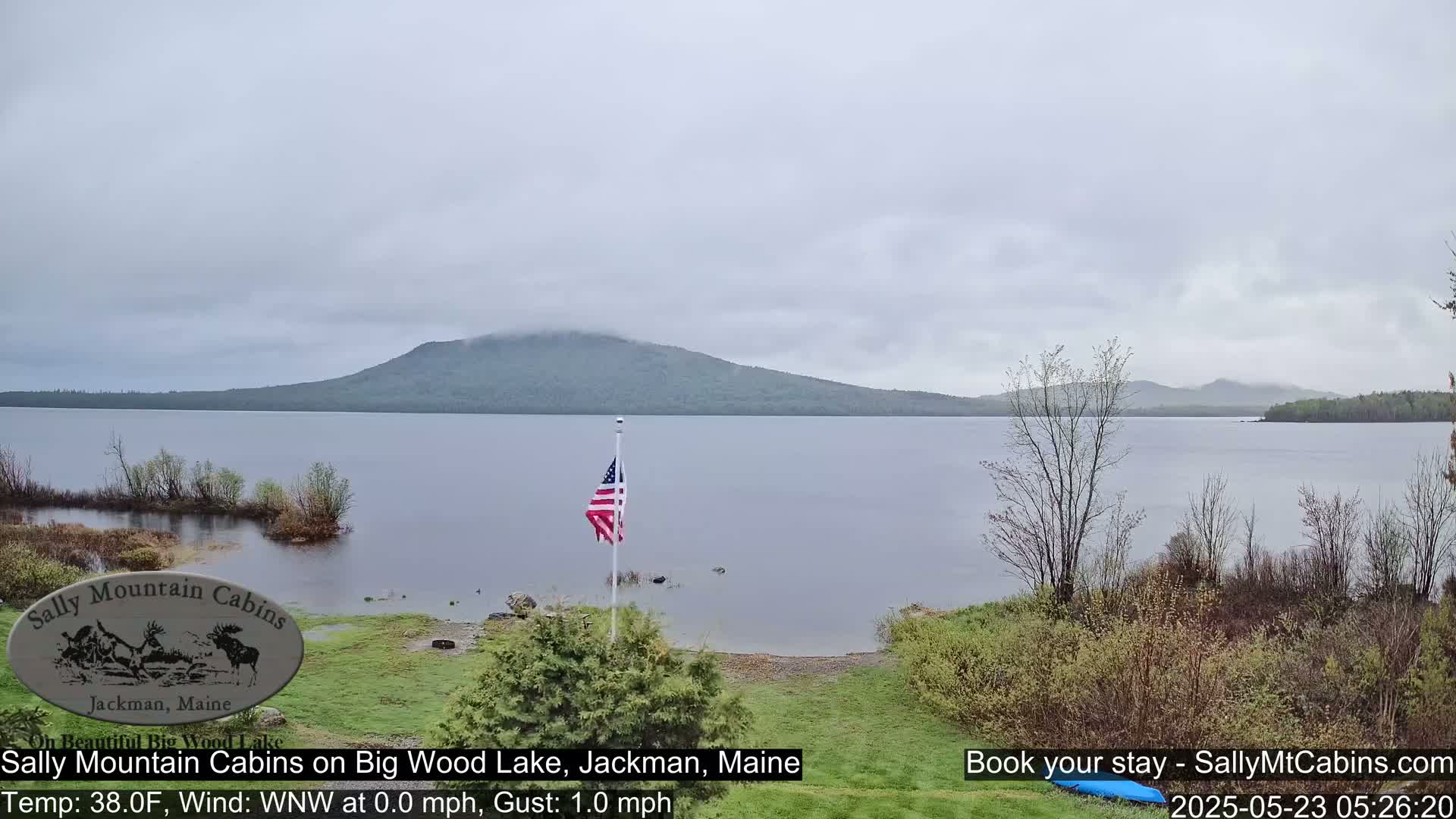 A calm lake under an overcast sky is seen from a lakeside vantage point, with a small American flag on a pole in the foreground.