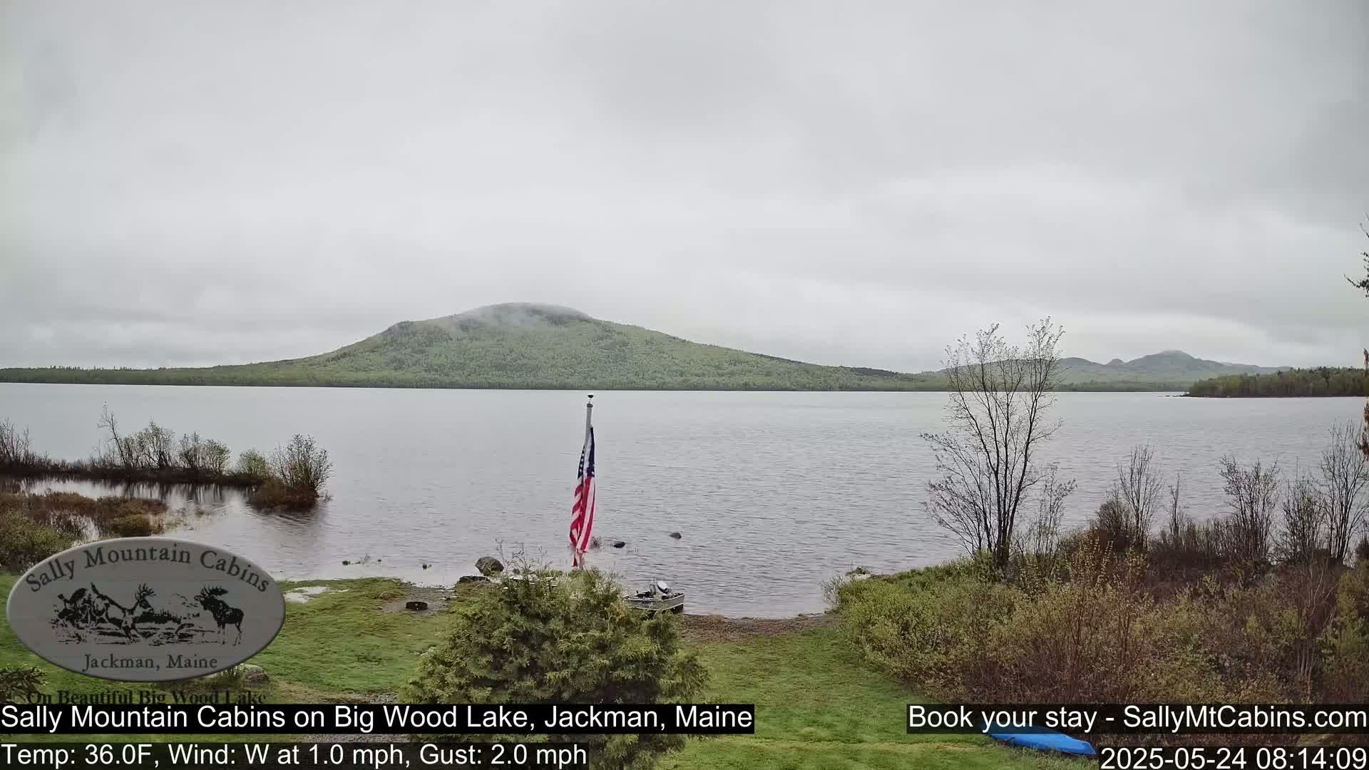 A calm lake with a misty mountain in the background is seen from a lakeside grassy area with an American flag and small boat present under an overcast sky.