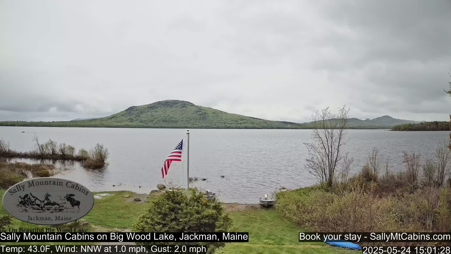 A calm lake with a forested hill in the background is viewed from a lakeside location under an overcast sky, with an American flag and a couple of small boats visible near the shore.