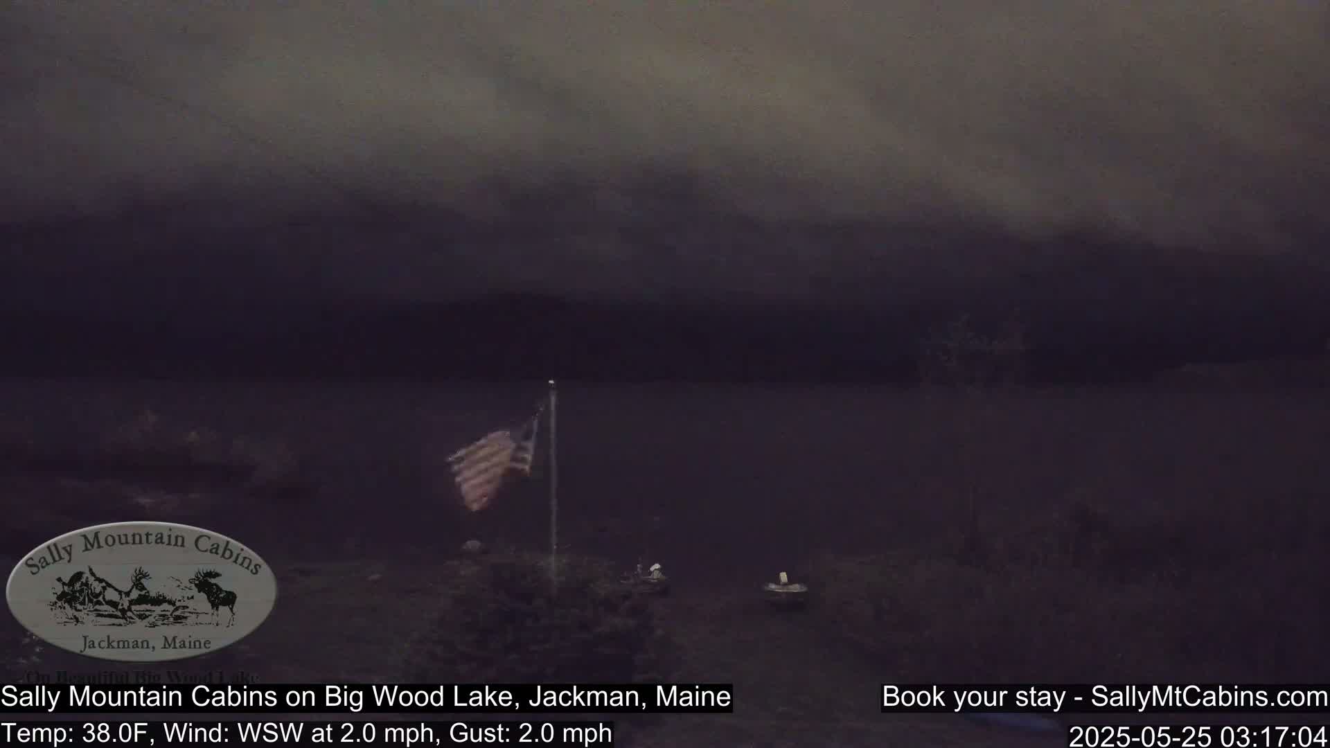 A dark, overcast sky hangs over a calm lake with a small American flag waving gently near the shore.