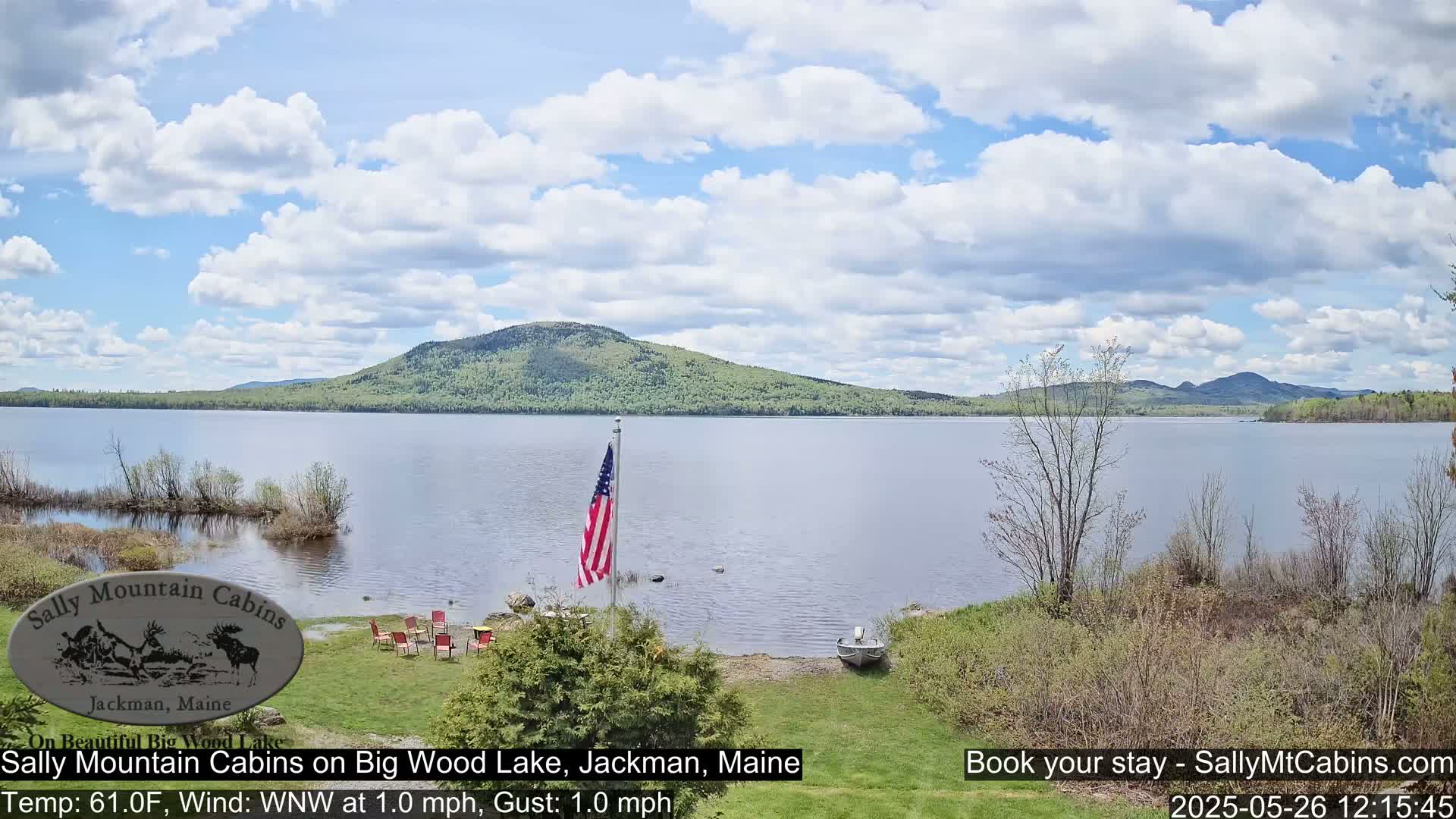A calm lake with a forested hill in the background, under a partly cloudy sky, is viewed from a lakeside yard with a few chairs and a small boat.