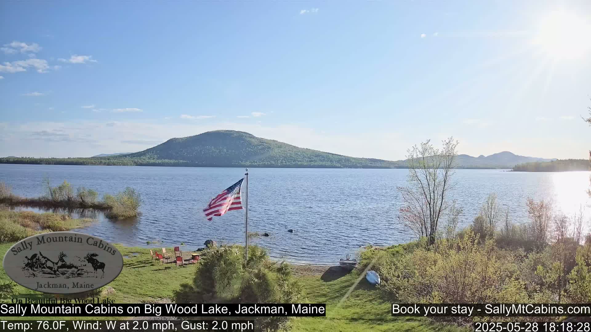 A calm, sunny day shows a view of a lake with a forested mountain in the background, an American flag waving gently near the shoreline, and several lawn chairs by the water's edge.