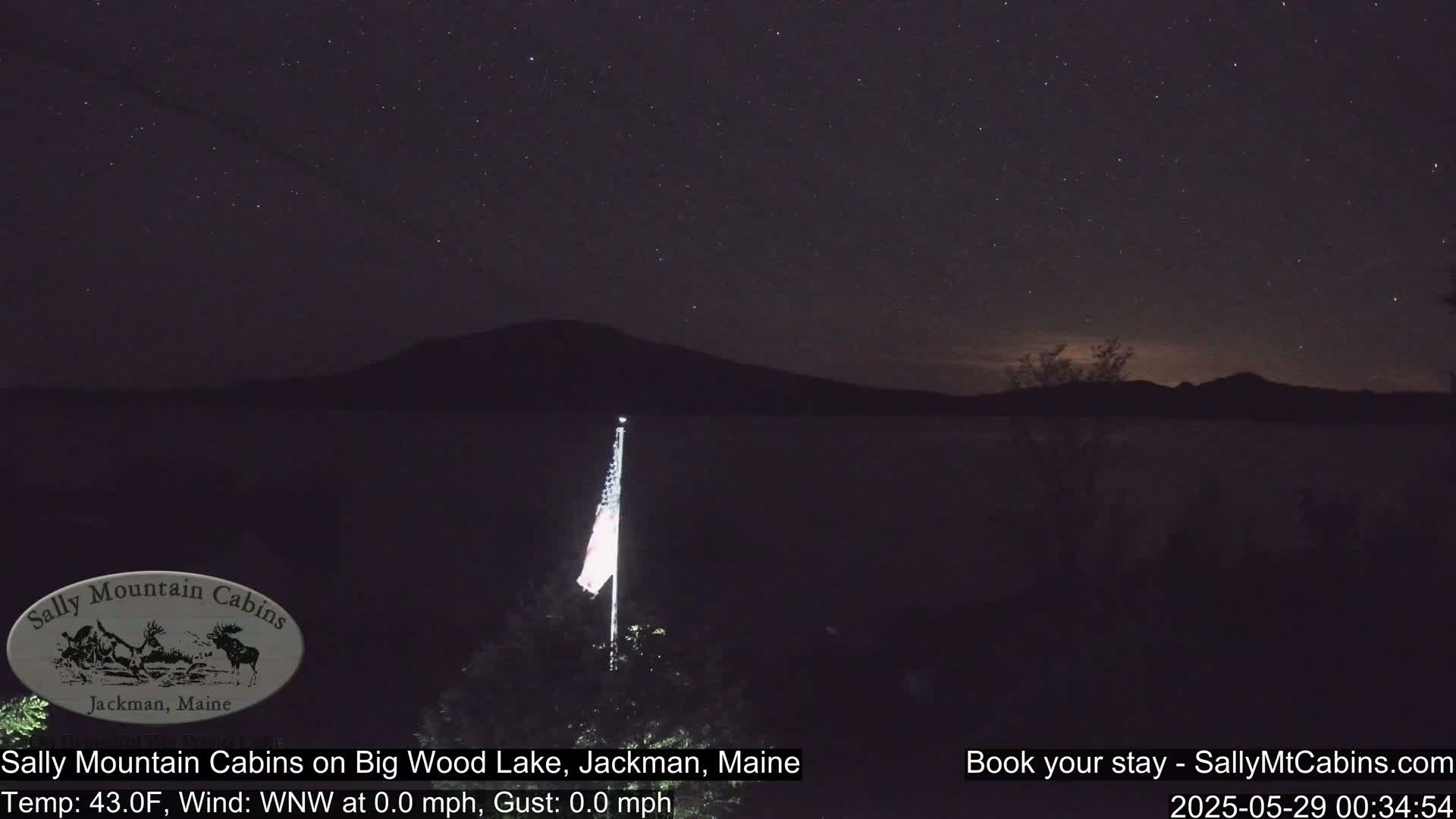 A nighttime view of a calm lake under a starry sky, with a flagpole and a dark mountain in the distance.