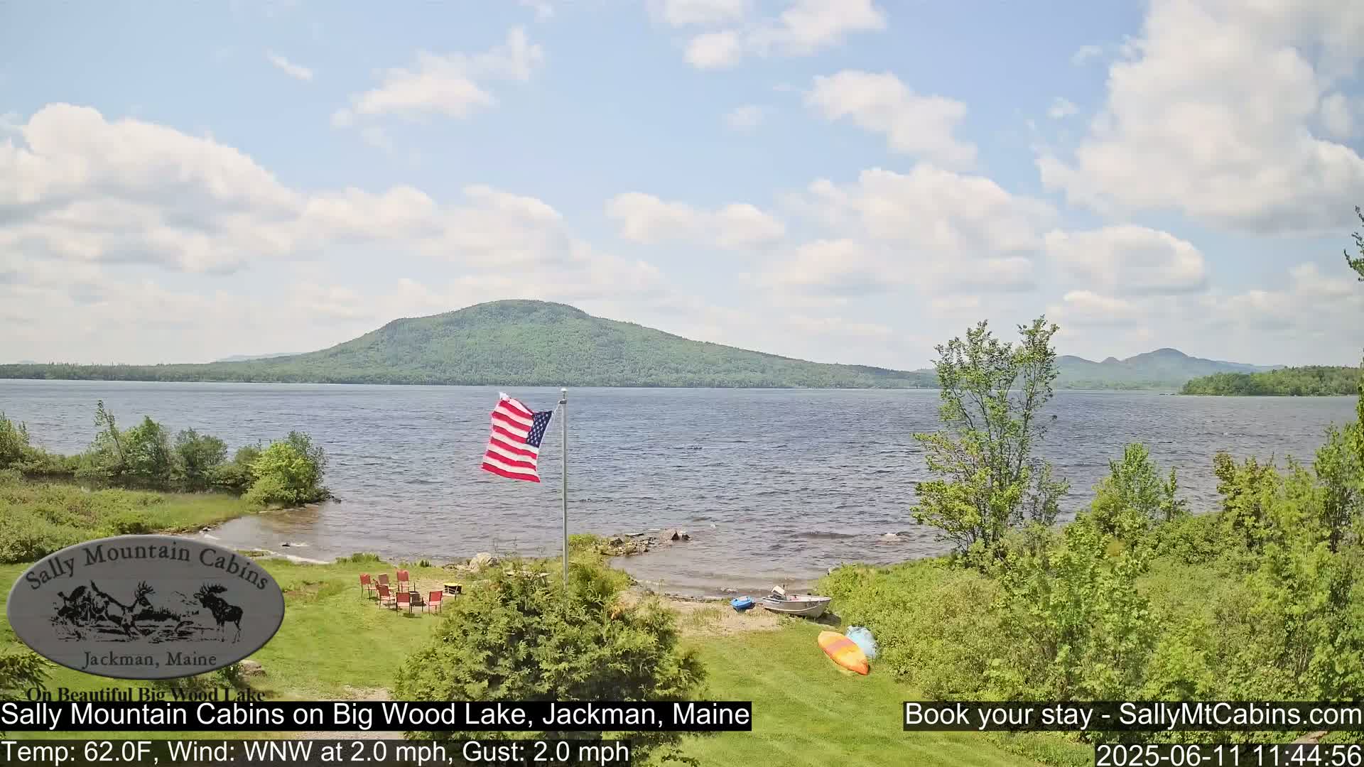 A calm lake with a gently sloping shoreline, a small American flag, and a few recreational items are visible under a partly cloudy sky.