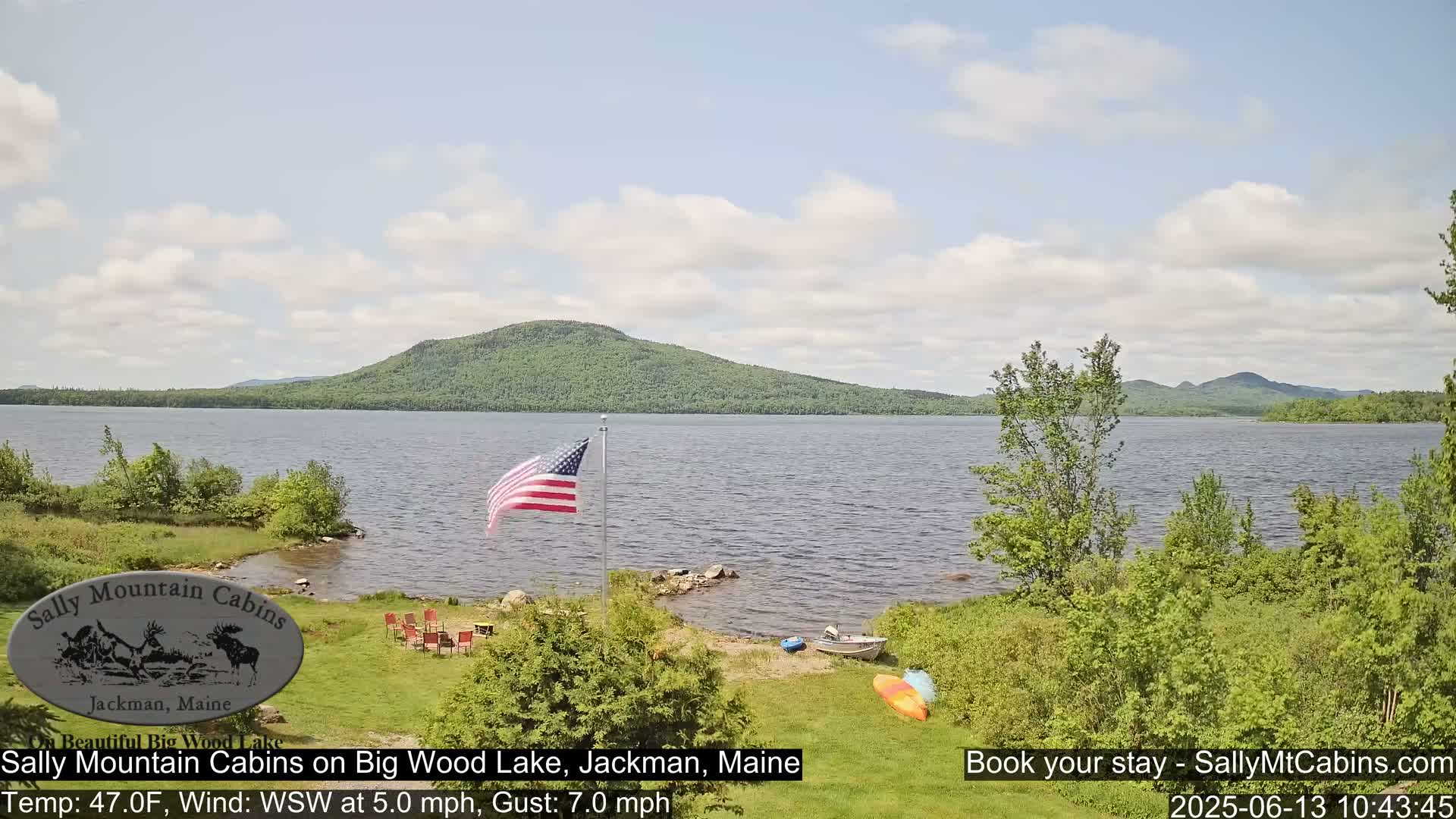A partly cloudy day shows a calm lake with a forested hillside in the background, a small beach with several kayaks and a boat, and an American flag waving gently in the breeze.