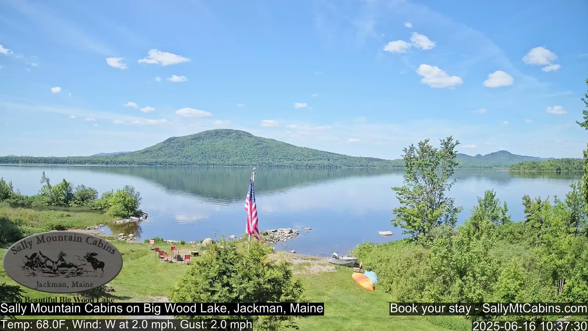 A calm lake reflecting a tree-covered hill under a partly cloudy sky, with a small beach area featuring Adirondack chairs, a US flag, and a boat.