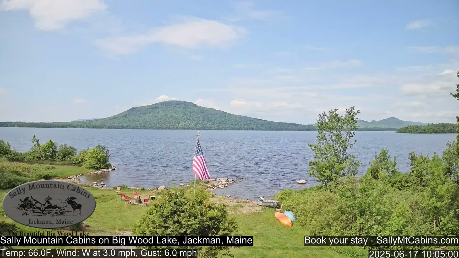 A tranquil lake scene under a partly cloudy sky shows a rocky shoreline with an American flag, kayaks, and a small boat, all nestled beside a grassy area with red chairs, overlooking a calm lake and distant forested hills.