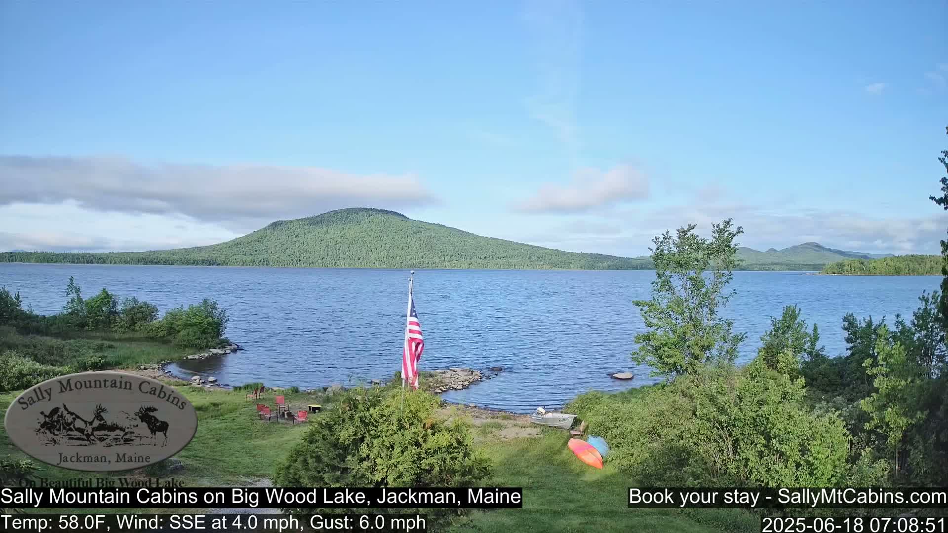 A calm lake with a gently sloping shoreline, partially wooded,  backed by a range of forested hills under a mostly clear sky.