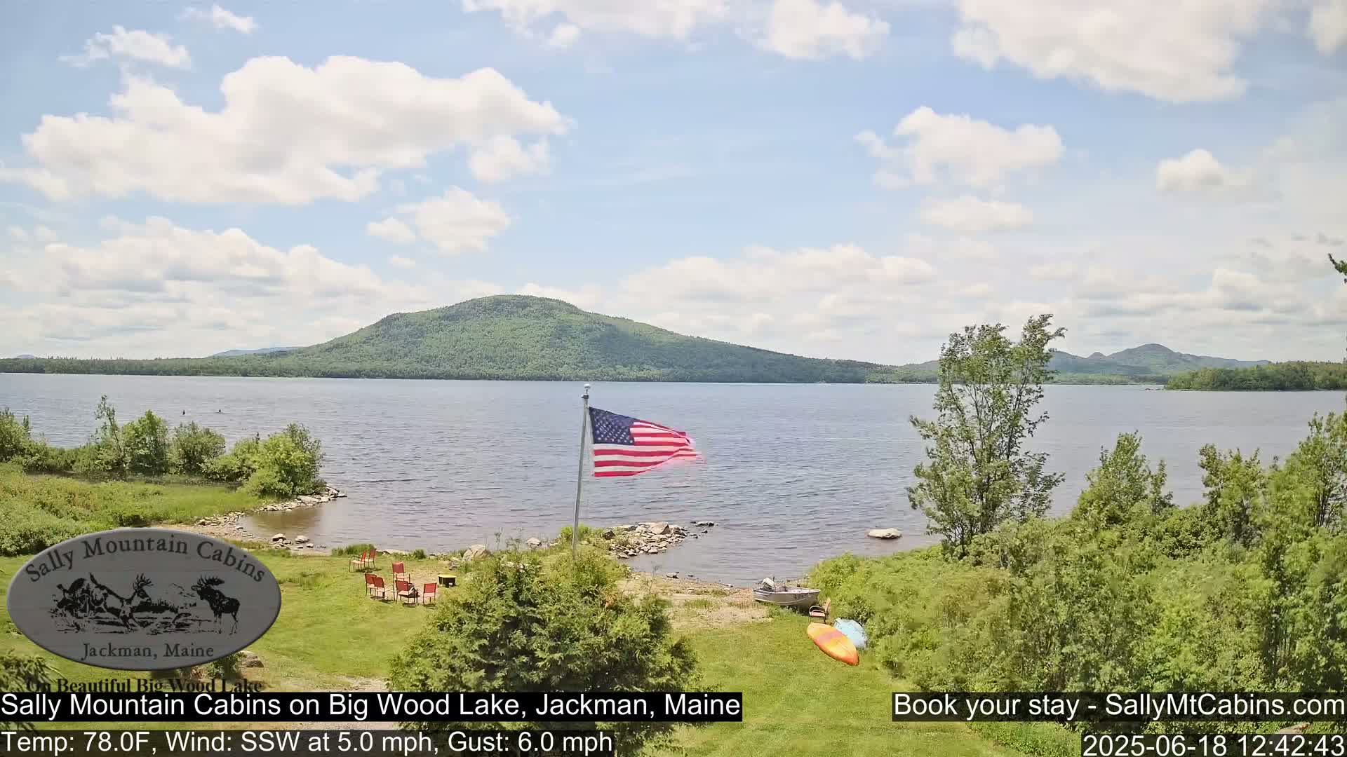 A calm, partly cloudy day shows a view of a lake with a green, tree-covered hill in the background, an American flag waving gently near a lakeshore with several chairs and kayaks.