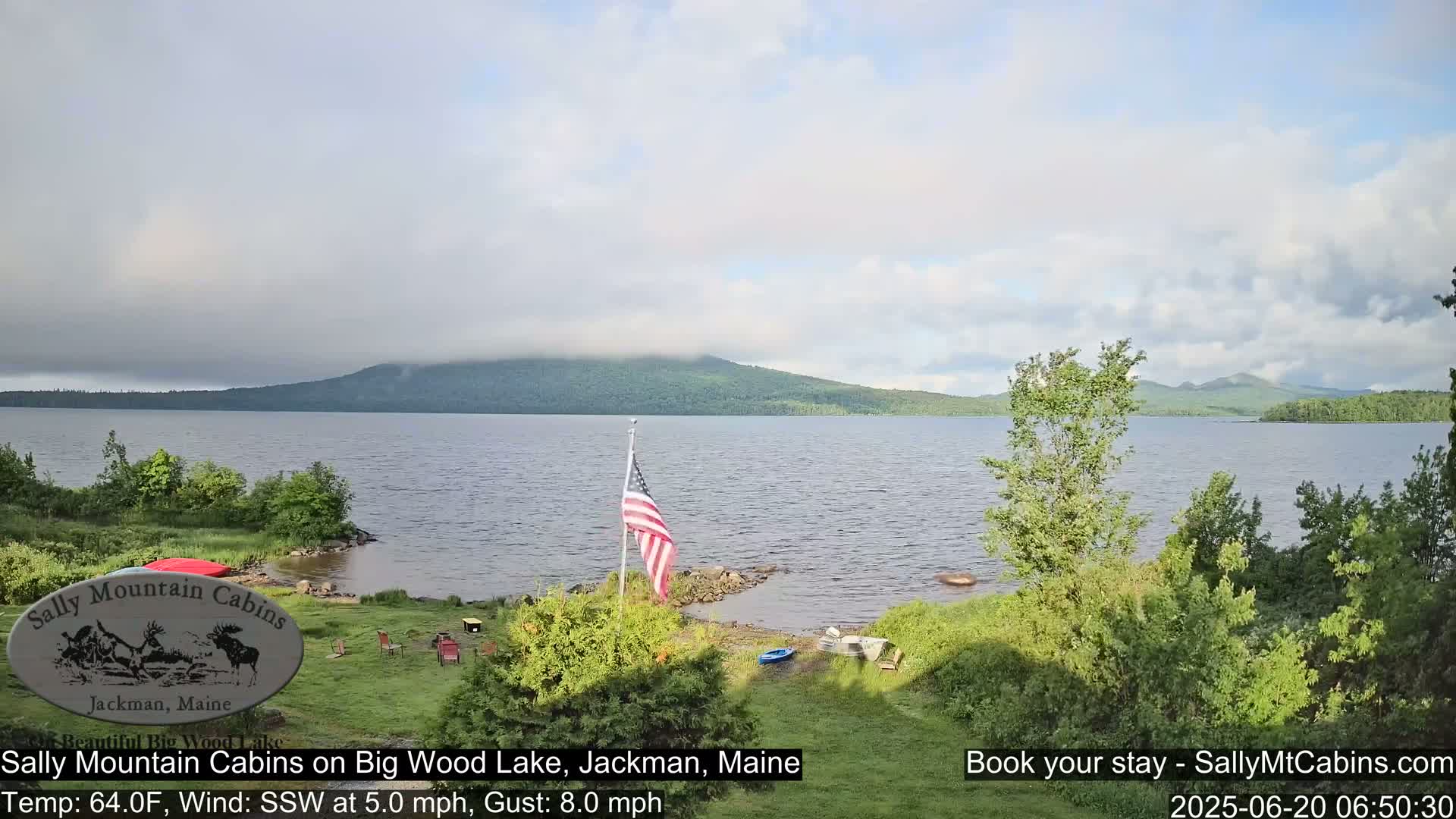A calm lake with a mountain range in the background under a partly cloudy sky, with a small grassy area and an American flag in the foreground.