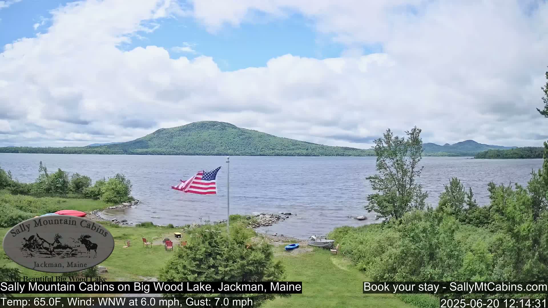 A calm lake with a gently sloping shoreline is shown under a partly cloudy sky, an American flag flying near a lakeside cabin area.