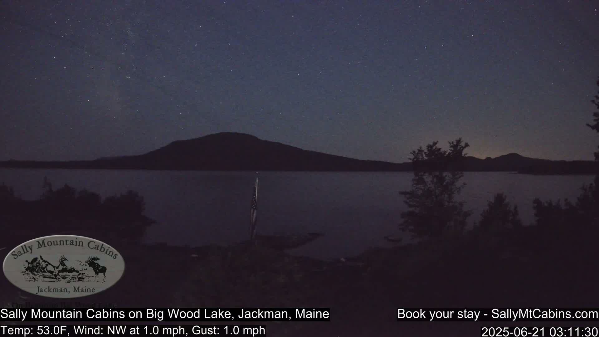 A dark, star-filled night sky over a calm lake, with a mountain silhouetted against the horizon and a flagpole visible in the foreground; a northwest wind blows at 1 mph with gusts of the same speed.