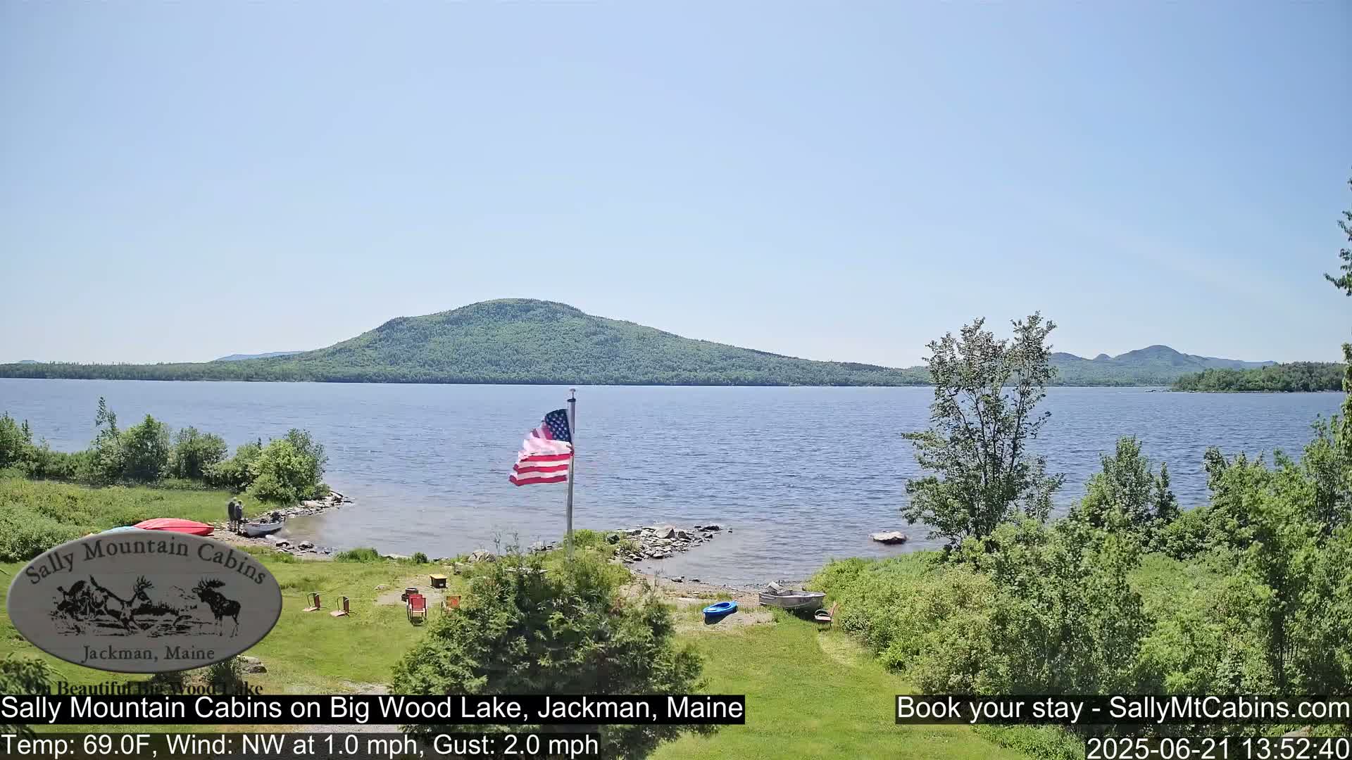 A calm lake with a gently sloping forested hill in the background under a clear sky, a US flag planted near a lakeshore with a few boats.