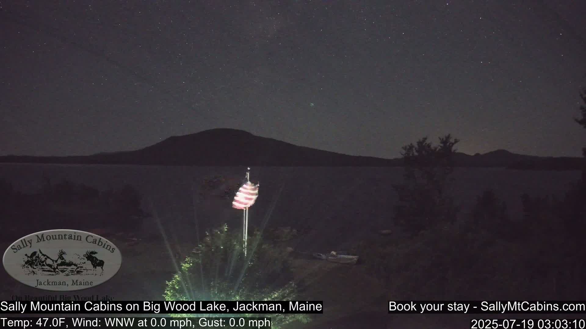 A nighttime view of a calm lake under a starry sky, with an American flag illuminated in the foreground.