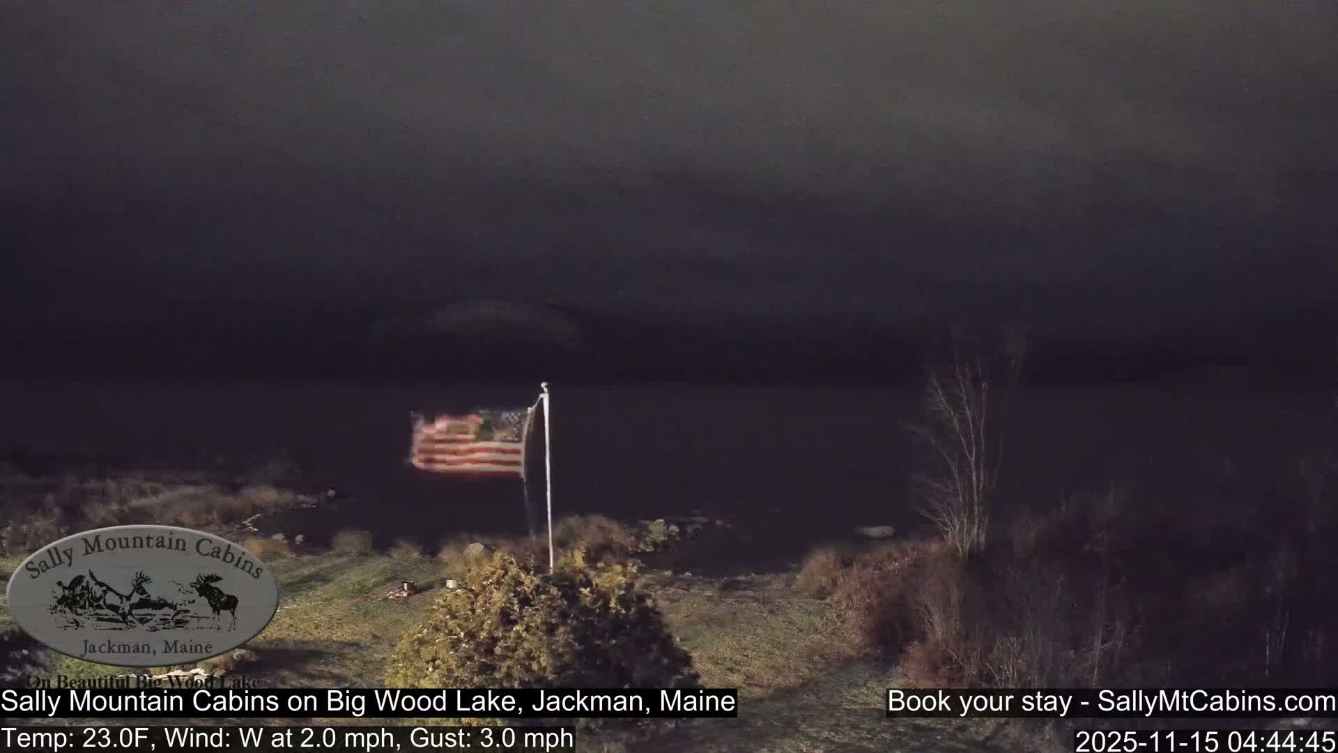 An American flag waves against a dark, pre-dawn sky and a calm body of water, with sparse, bare trees and brush visible in the foreground, indicating a cold, clear morning with light wind.