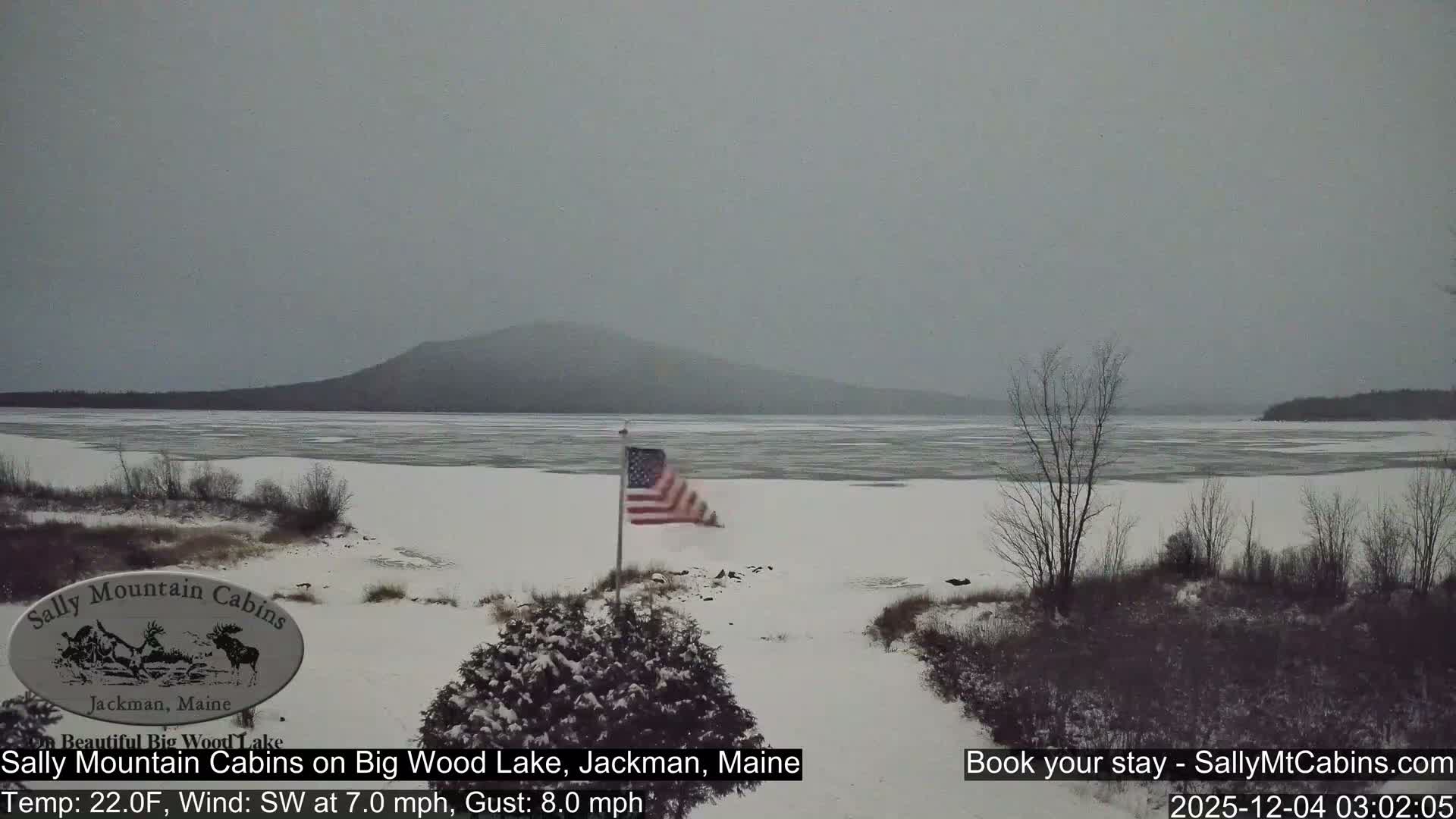 An American flag waves on a snow-covered shore next to a partially frozen lake, with distant mountains under a cloudy, grey winter sky.