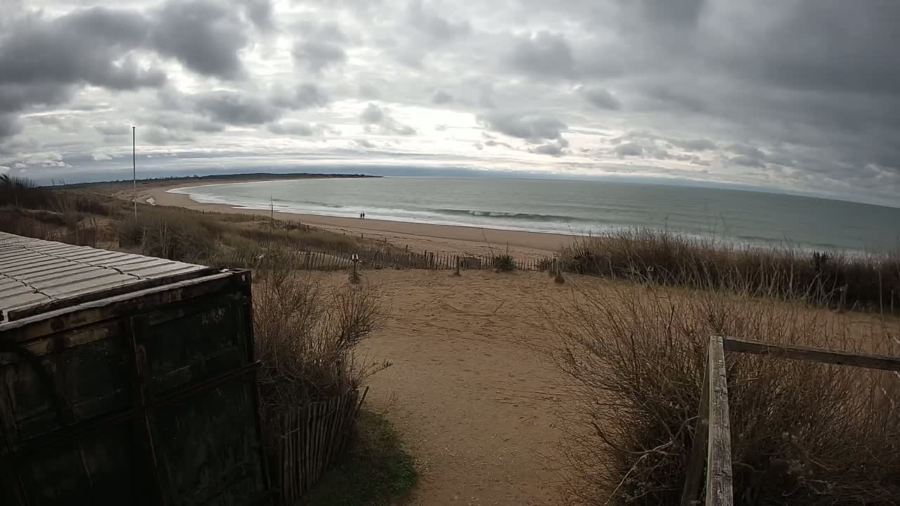 A sandy beach with gentle waves under a cloudy sky is viewed from behind a weathered metal container and sparse, brown vegetation.