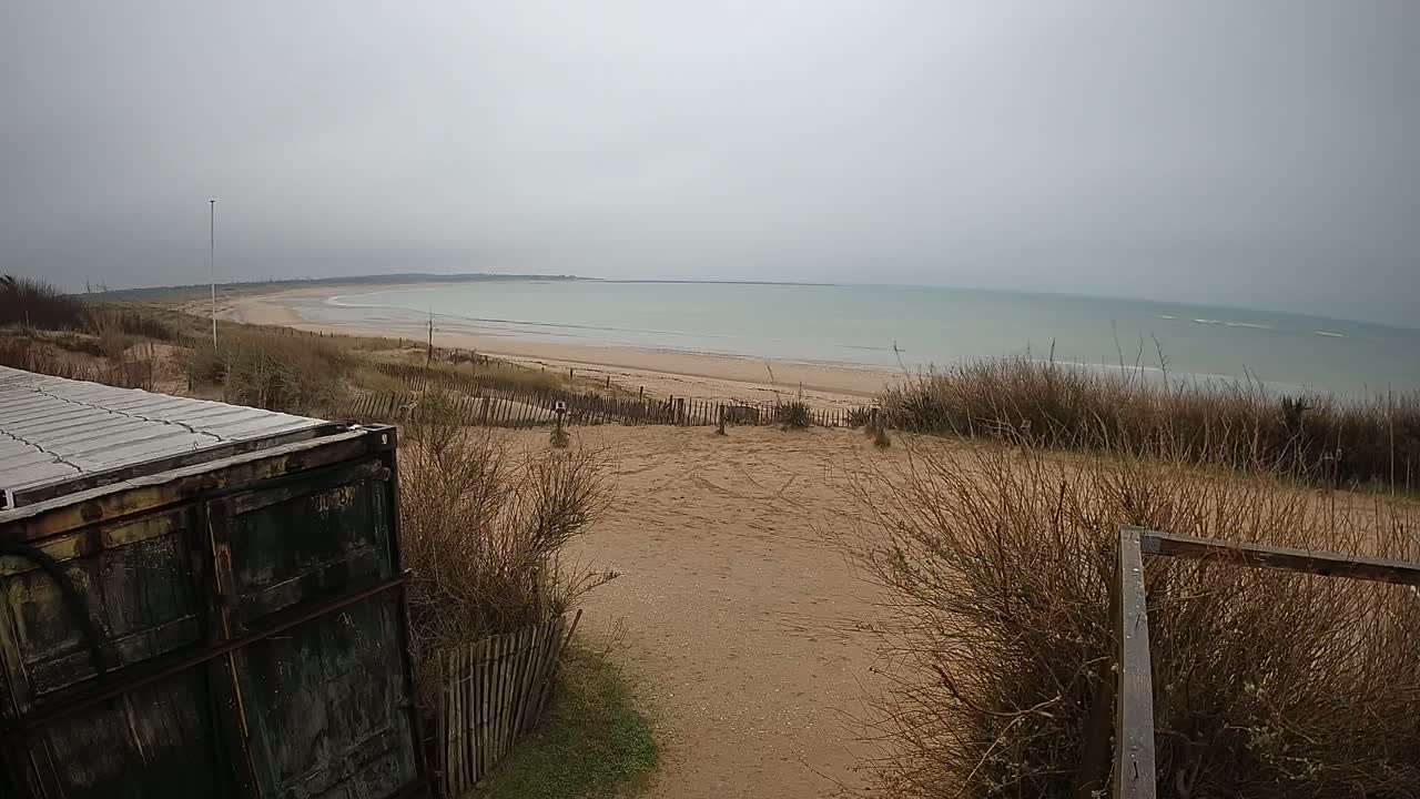 A view of a sandy beach and calm ocean under an overcast sky, seen from behind a weathered container and wooden fence.