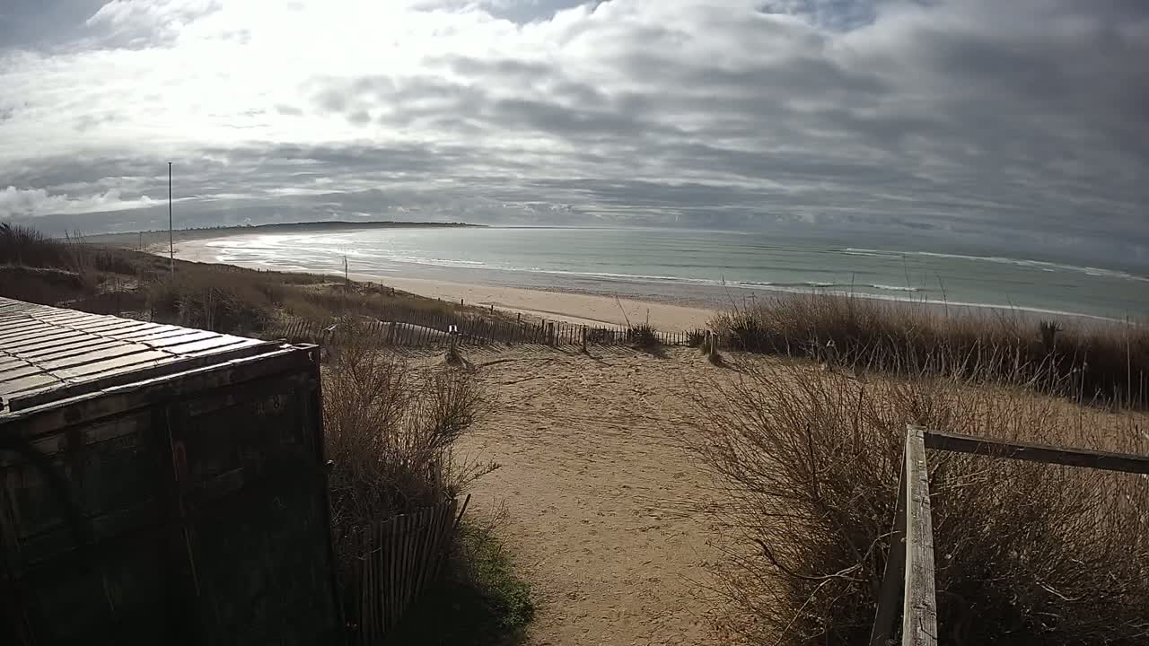 A sandy beach with gentle waves under a partly cloudy sky is viewed from behind a weathered container, with dunes and sparse, brown vegetation in the foreground.