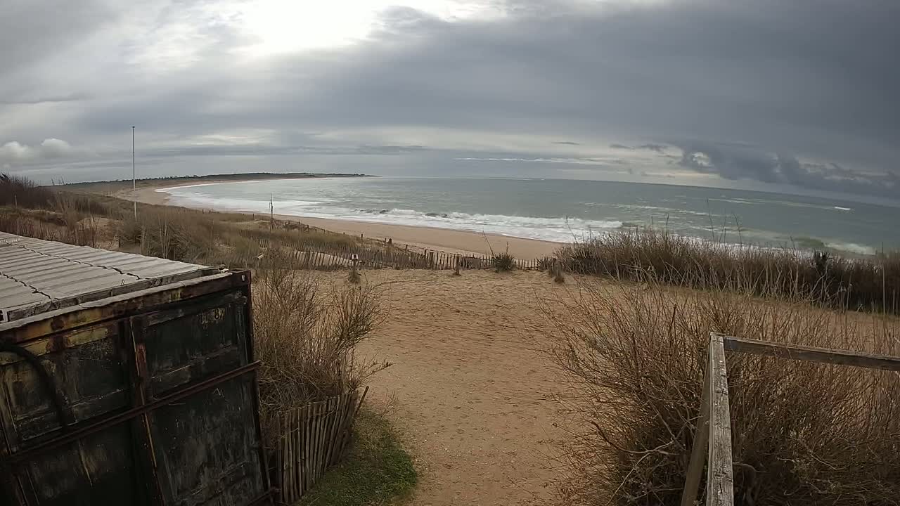 A sandy beach with a wavy ocean under a cloudy sky is viewed from behind a weathered container filled with blocks, partially obscured by dune grasses and a wooden fence.