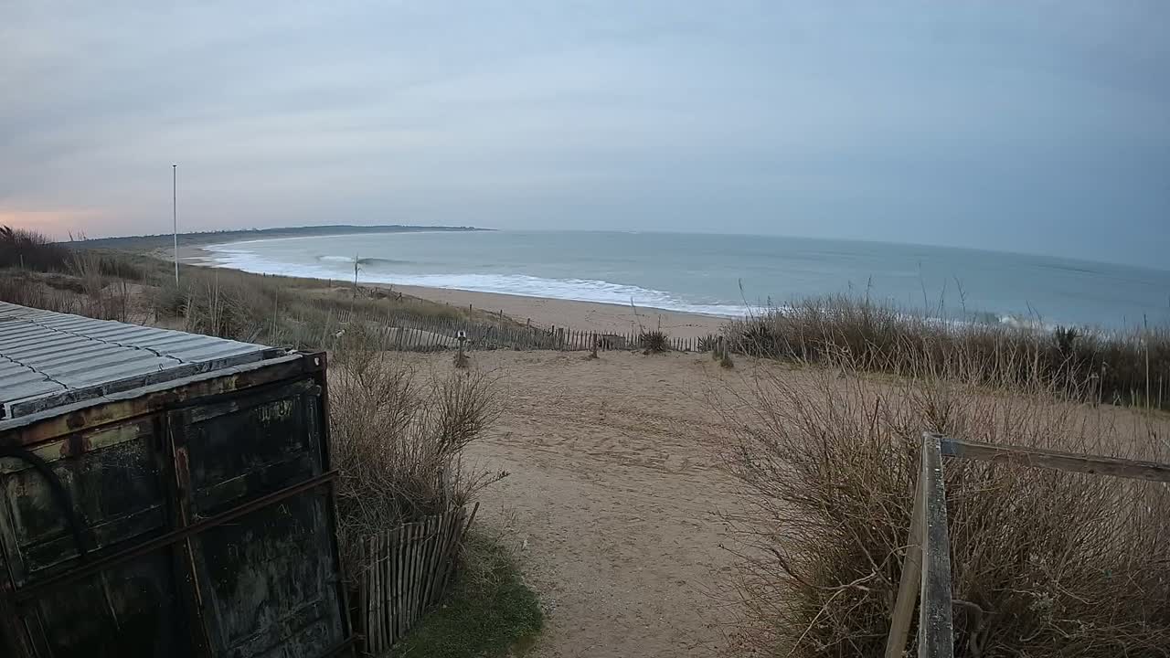 A sandy beach with gentle waves under a cloudy sky is viewed from behind a weathered container, partially obscured by winter grasses and a wooden fence.