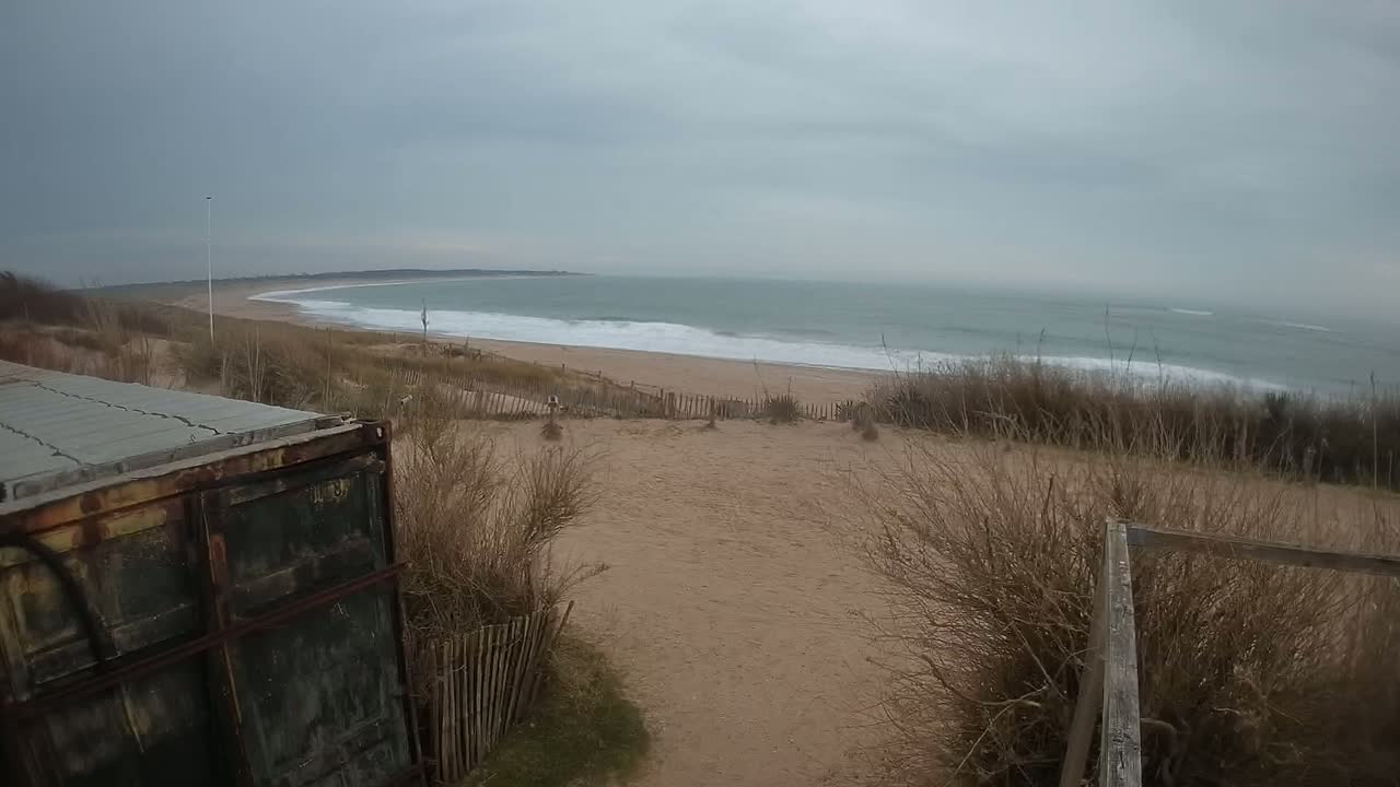 A sandy beach with small waves under an overcast sky is viewed from behind a weathered metal container and dune grasses.
