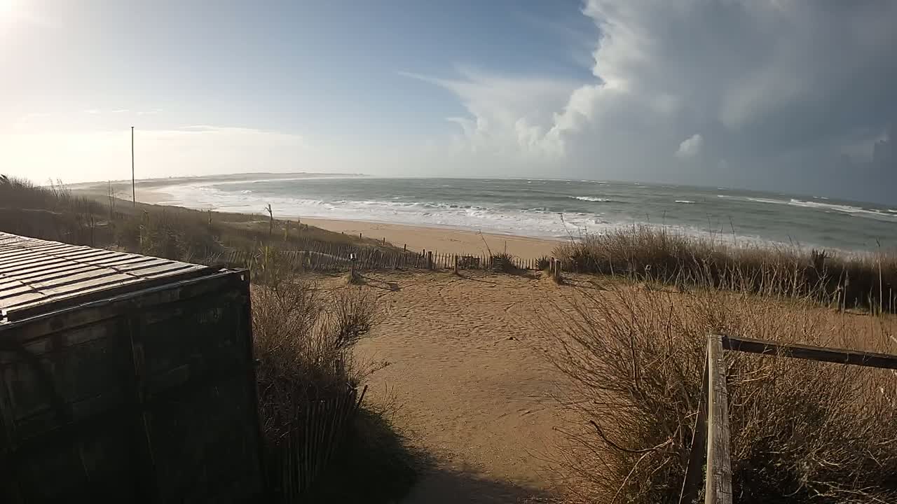 A sandy beach with choppy waves under a partly cloudy sky is viewed from behind a weathered shipping container and dune vegetation.