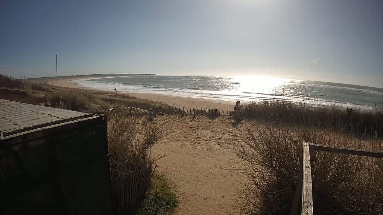 A sandy beach with a person standing near a wooden fence overlooking a wavy ocean under a sunny sky.